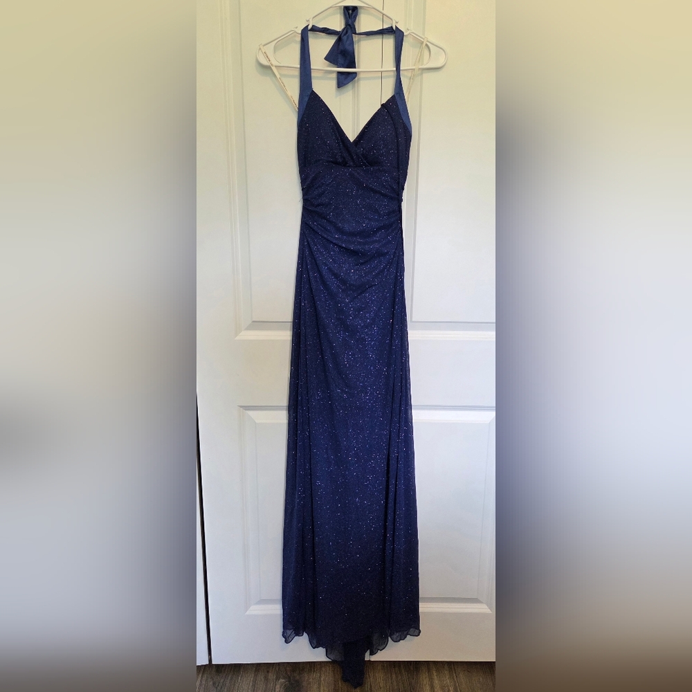 City Triangles Navy Sparkle Halter Gown